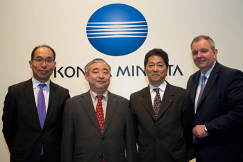 Konica Minolta press conference (from left to right): Toshitaka Uemura, General Manager, CP Business Division/Sales Headquarters, Konica Minolta, Inc; Akiyoshi Ohno, Executive Officer, Division Director, Inkjet Business Unit, Konica Minolta, Inc; Ikuo Nakagawa, President, Konica Minolta Business Solutions Europe; and Olaf Lorenz, General Manager, International Marketing Division, Konica Minolta Business Solutions Europe